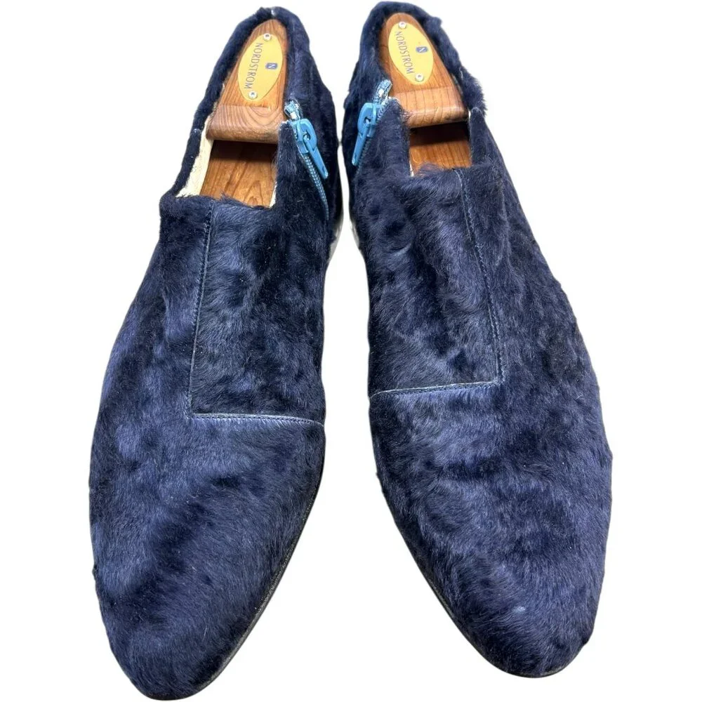 Josefina‎ Ferroni Navy Blue Genuine Rabbit Fur Zip Flats